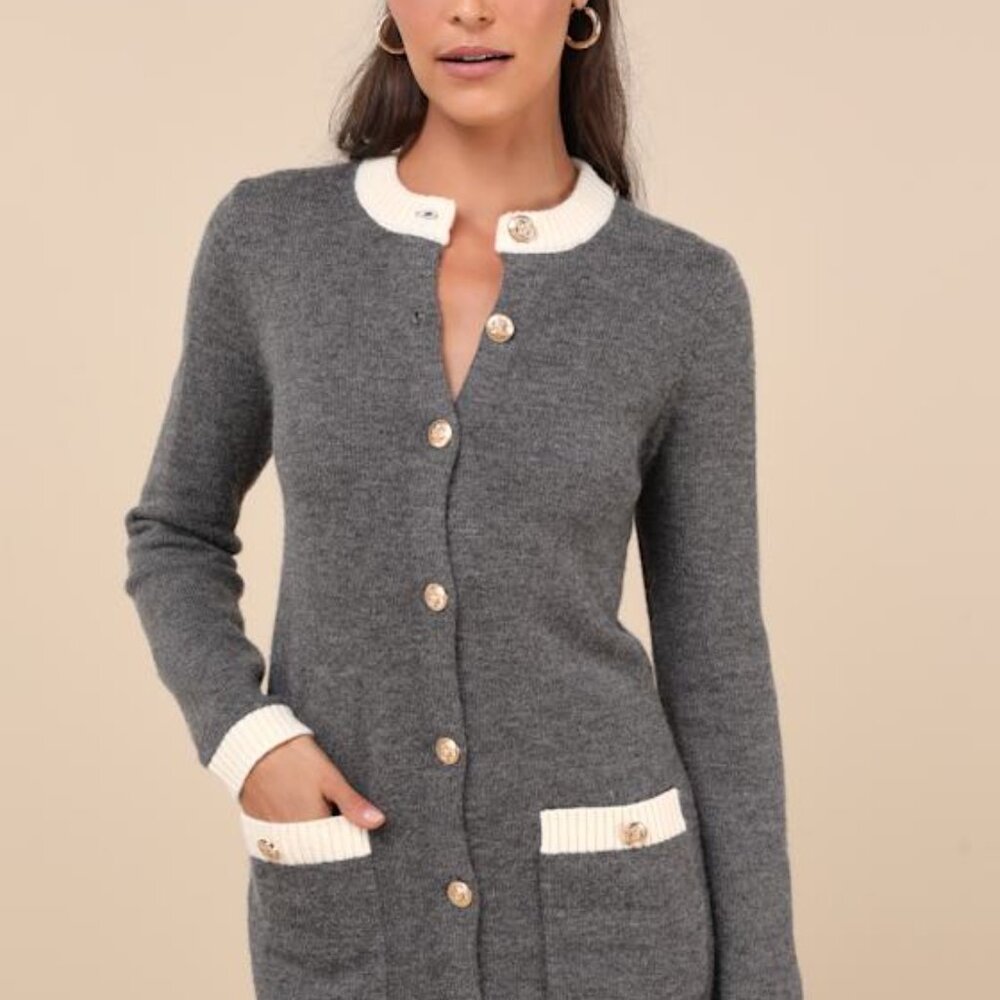 Lulus Sophisticatedly Cozy Grey And Ivory Button-up Sweater Mini Dress - Size M